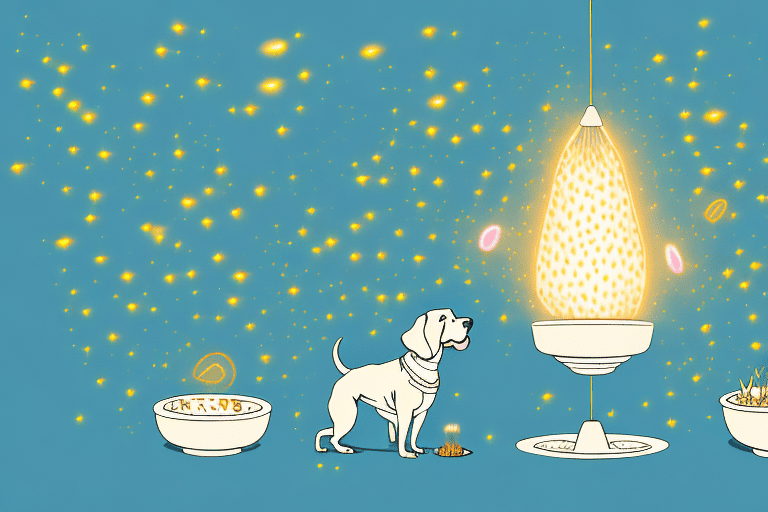 A curious dog looking at a group of glowing fireflies hovering above its food bowl
