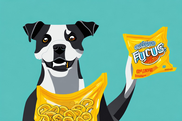 A curious dog sitting in front of an open bag of funyuns chips