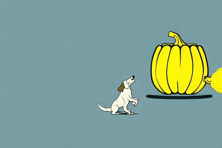 A curious dog sniffing a patty pan squash placed on the ground