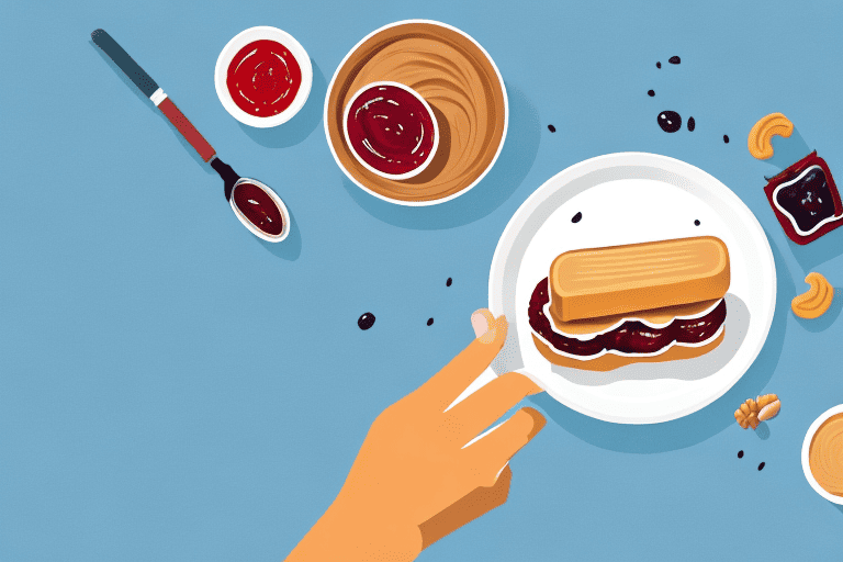 A curious dog looking at a peanut butter and jelly sandwich resting on a plate