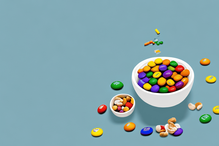 A curious dog looking longingly at a bowl of peanut m&m's placed on a table
