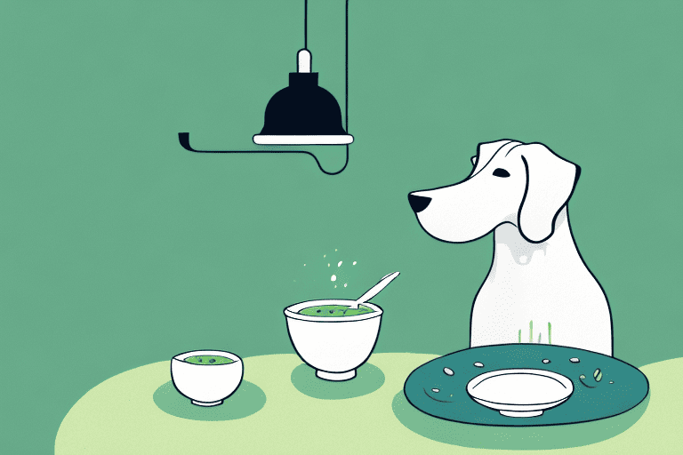 A curious dog sitting at a table with a bowl of pea soup
