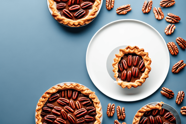A curious dog sitting next to a whole pecan pie on a table