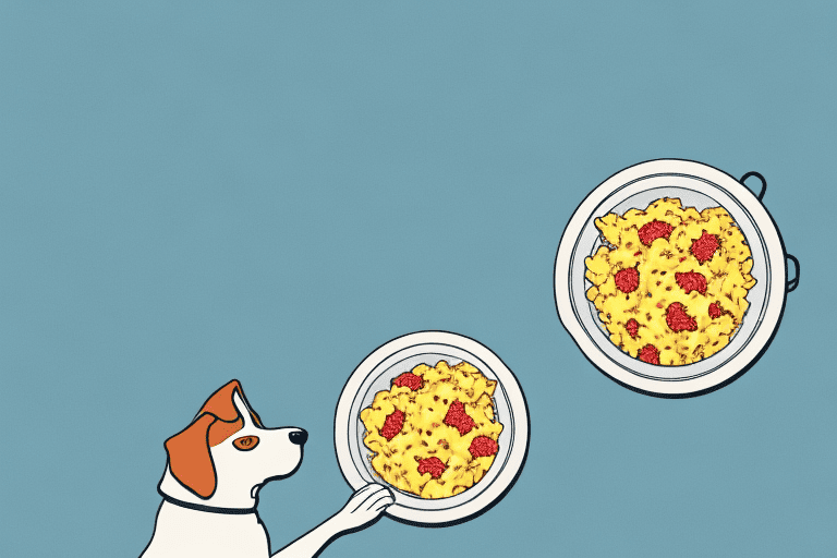 A curious dog looking at a bowl of pimento cheese from a safe distance