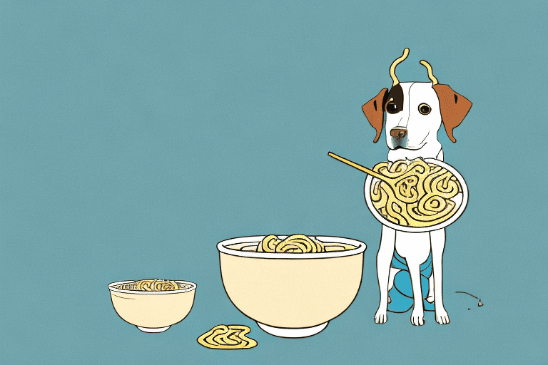 A curious dog sitting in front of a bowl of plain ramen noodles