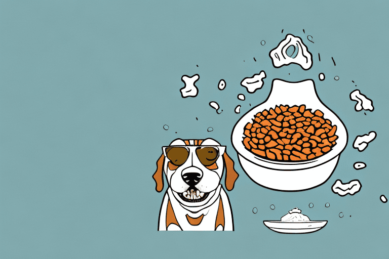 A dog sitting in front of a bowl filled with pinto beans and rice
