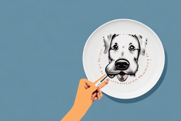 A dog curiously sniffing a pork shoulder bone placed on a plate