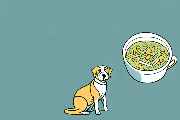 A curious dog sitting next to a bowl of progresso chicken noodle soup