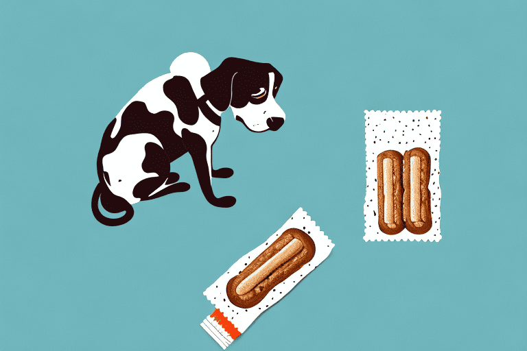 A curious dog sniffing a protein bar that's partially unwrapped on a table