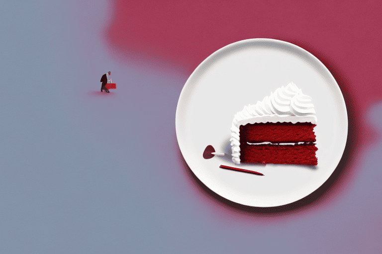 A curious dog sitting in front of a slice of red velvet cake on a plate