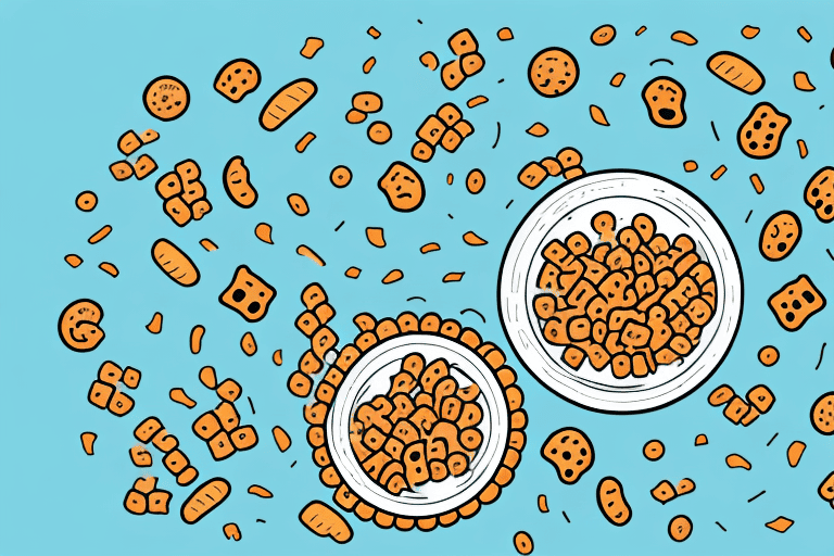 A curious dog looking at a bowl filled with reese's puffs cereal