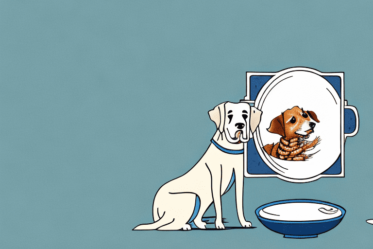A curious dog sitting in front of a bowl filled with shrimp alfredo