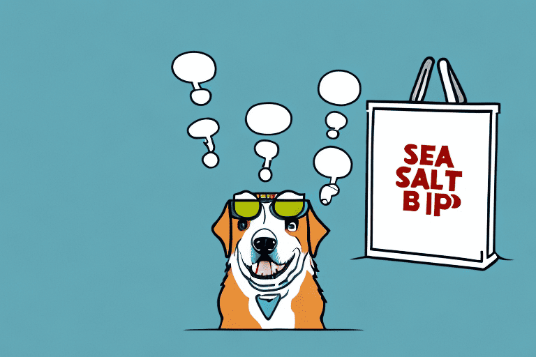 A curious dog sitting next to an open bag of sea salt and vinegar chips