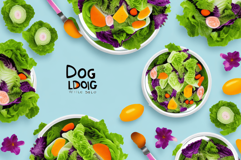 A curious dog looking at a bowl full of colorful spring mix salad