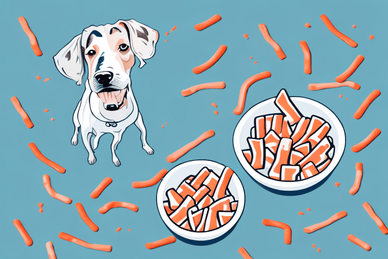 A curious dog sniffing a bowl full of colorful surimi sticks