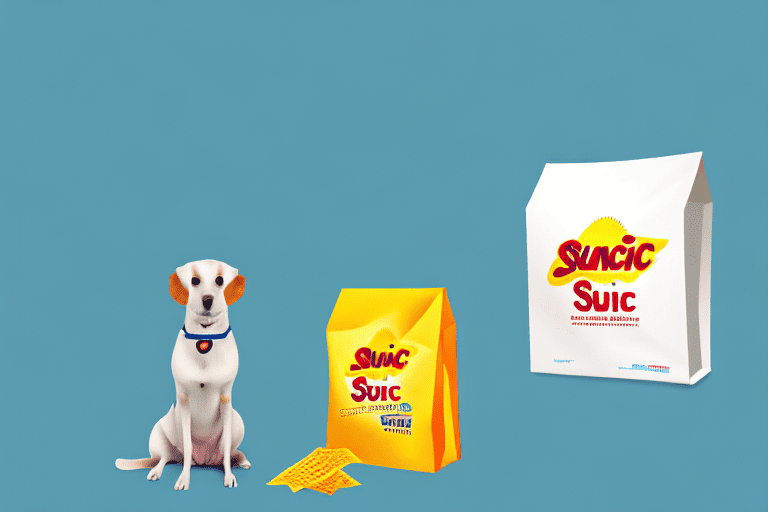 A curious dog sitting next to a bag of sunchips