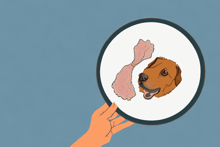 A curious dog looking at a turkey neck on a plate