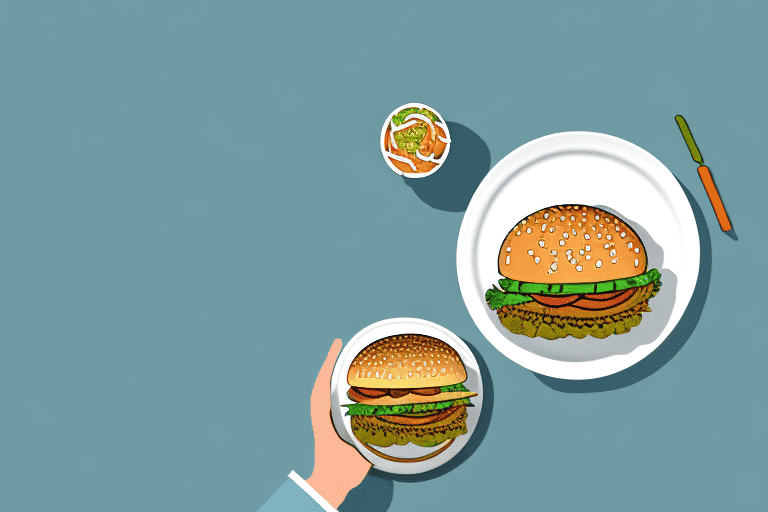 A curious dog sitting at a table with a veggie burger on a plate in front of it