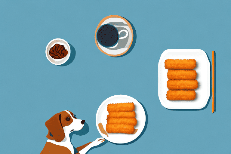 A curious dog sitting next to a table with a plate of fish sticks on it