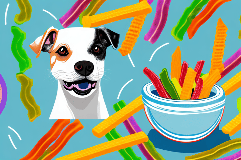 A curious dog sitting next to a bowl full of colorful veggie straws