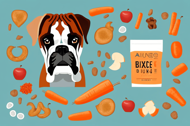 A boxer dog happily sitting next to a variety of human foods that are safe for them to eat
