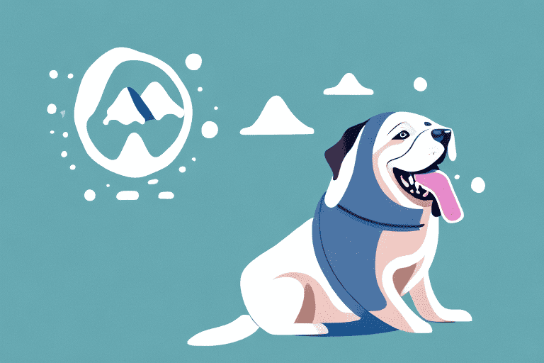 A dog sitting indoors with visible breath emanating from its mouth