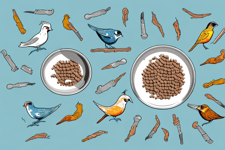 Several different types of birds pecking at a bowl of dog food