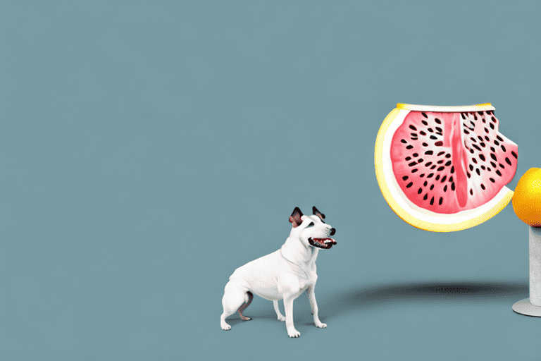 A curious dog looking at a cut open pomelo fruit on a table