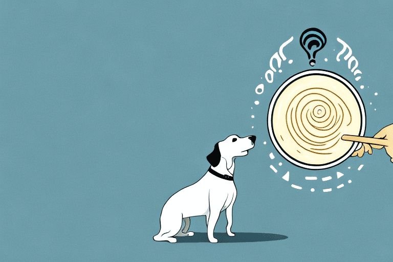 A curious dog looking at a bowl of alfredo sauce