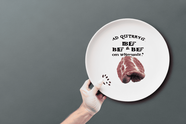 A curious dog looking at a beef foot on a plate