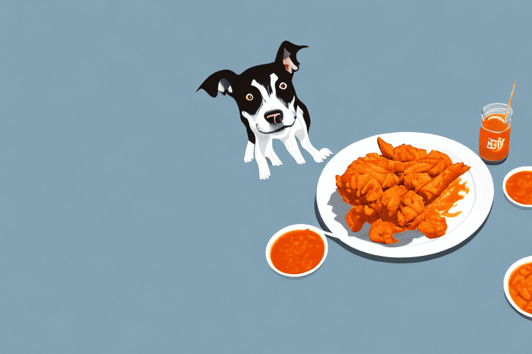 A curious dog looking at a plate of buffalo chicken from a safe distance