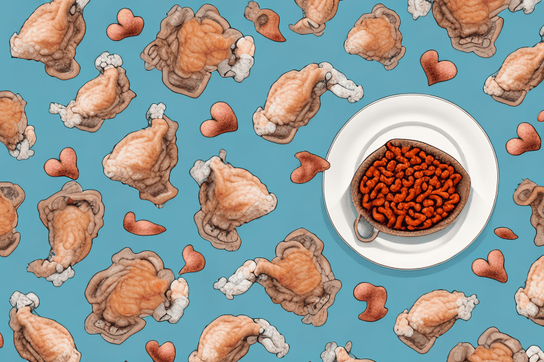 A curious dog looking at a plate filled with chicken gizzards and hearts
