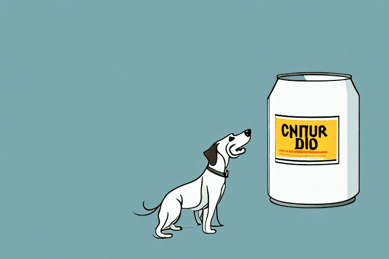 A curious dog looking at a can of condensed milk on a kitchen counter