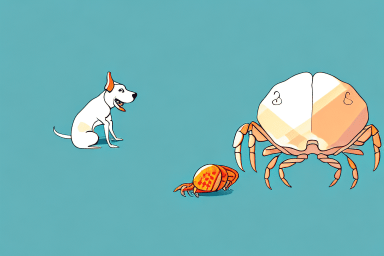 A curious dog looking at a crab with its shell intact