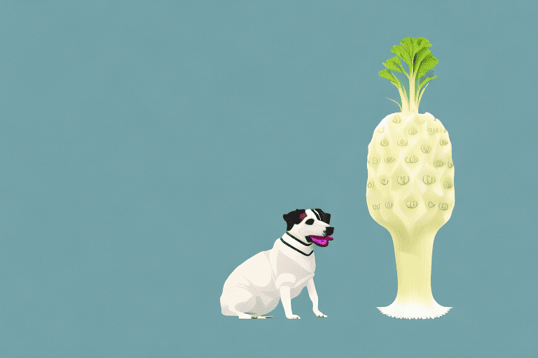 A curious dog sitting next to a large daikon radish