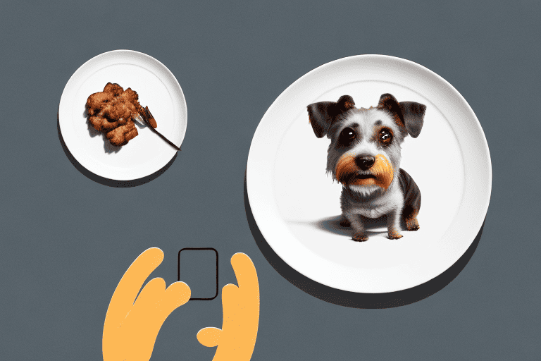 A curious dog sitting in front of a plate of dark meat