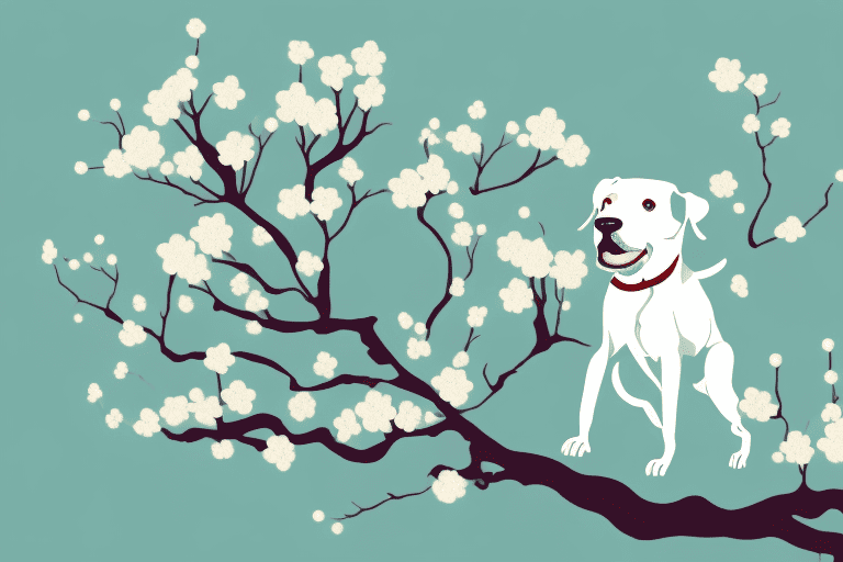 A curious dog sniffing at a branch of a dogwood tree laden with ripe berries
