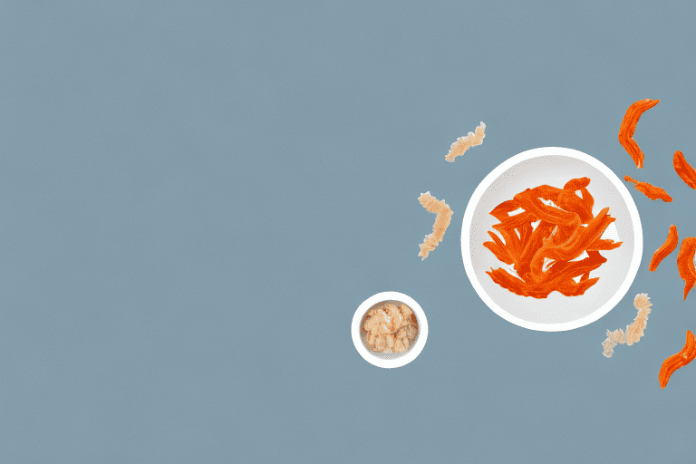A curious dog sniffing at a bowl of dried shrimp