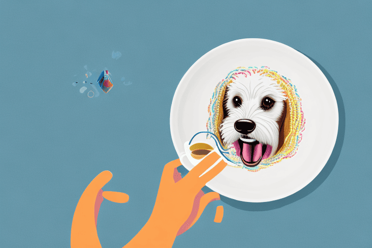 A curious dog sitting in front of a table with a piece of funnel cake on a plate
