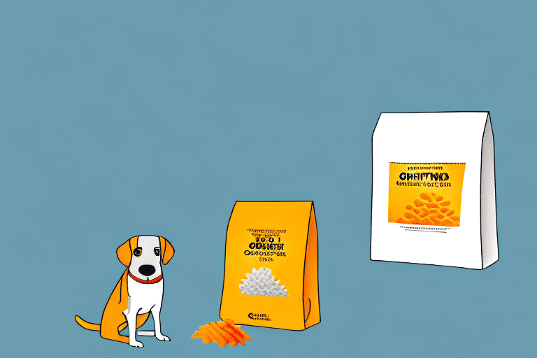 A curious dog sitting next to an open bag of goldfish crackers