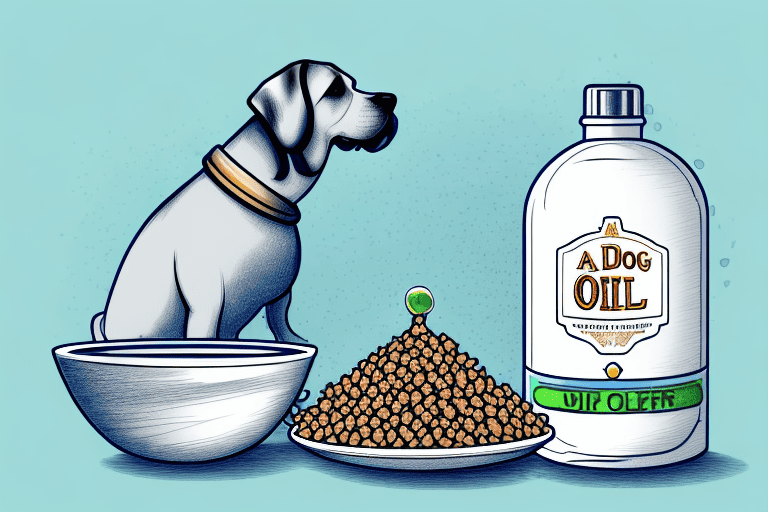 A dog curiously sniffing a bottle of grapeseed oil placed next to a bowl of dog food