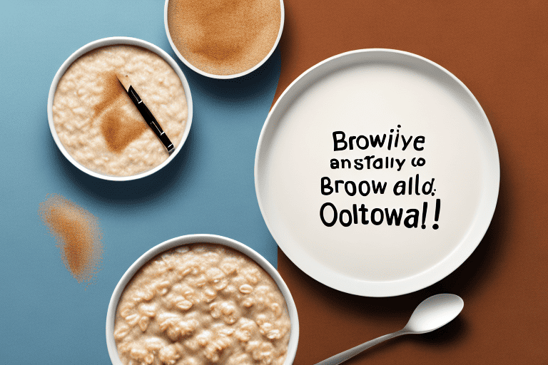 A curious dog sitting next to a bowl of oatmeal topped with brown sugar