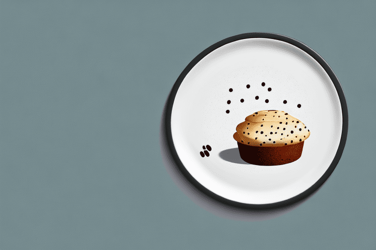 A curious dog sitting next to a plate with a poppyseed muffin on it