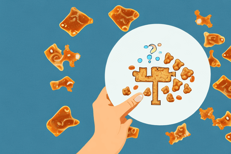 A curious dog looking at a piece of peanut brittle on a plate