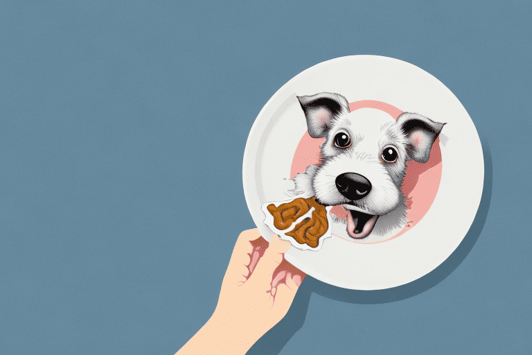 A curious dog sniffing a piece of pork cartilage on a plate