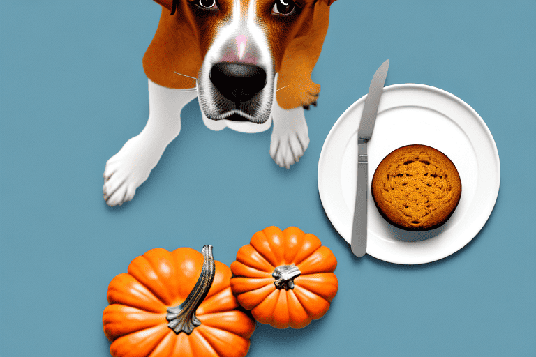 A curious dog sitting next to a table with a pumpkin muffin on a plate