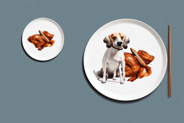 A curious dog sitting next to a plate of smoked chicken