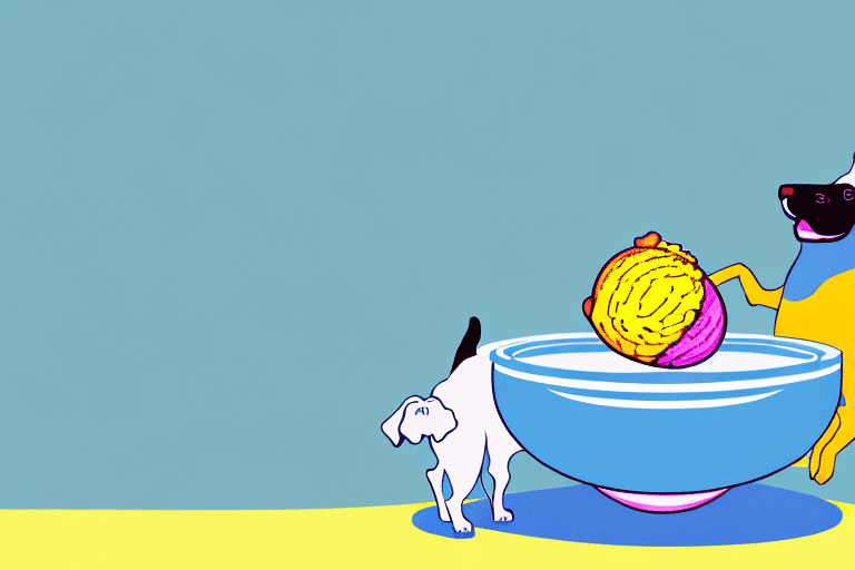 A curious dog looking at a bowl of colorful sorbet placed on the floor