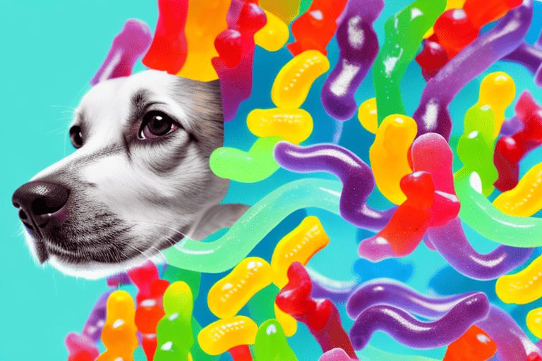 A curious dog looking at a pile of colorful sour gummy worms on a plate