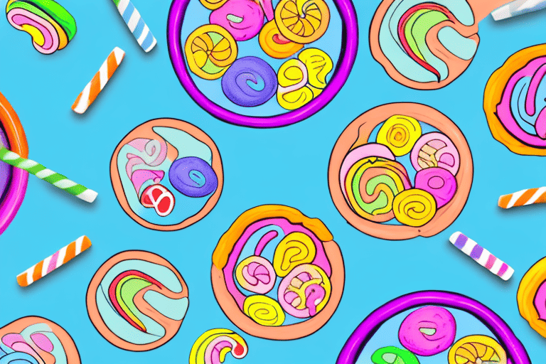 A curious dog looking at a bowl of colorful sweet tarts on a table